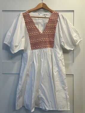 Madewell White Puff Sleeve Dress with Rust Embroidered V-Neck